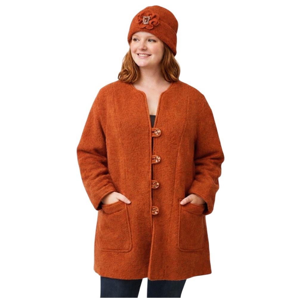 Vintage Handmade 50’s-60’s Orange Felted Wool Cardigan Coat With Matching Hat